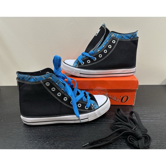 Collection O Shoes - Women's Black & Blue High Top Sneakers - Canvas Shoes – Extra Laces NEW.